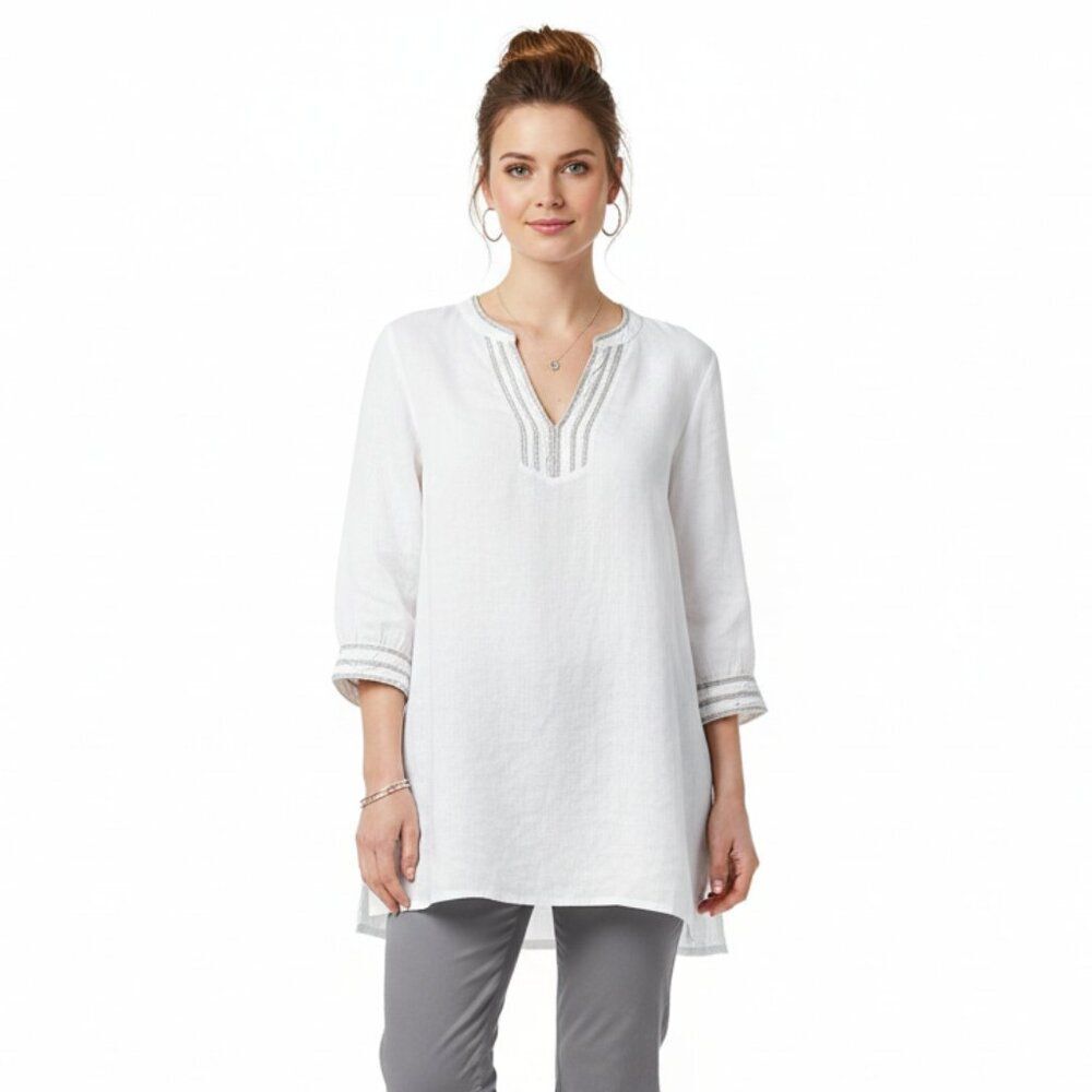 Purotatto  100% Flax Linen White & Silver Embellished Long Sleeve Top 46 L